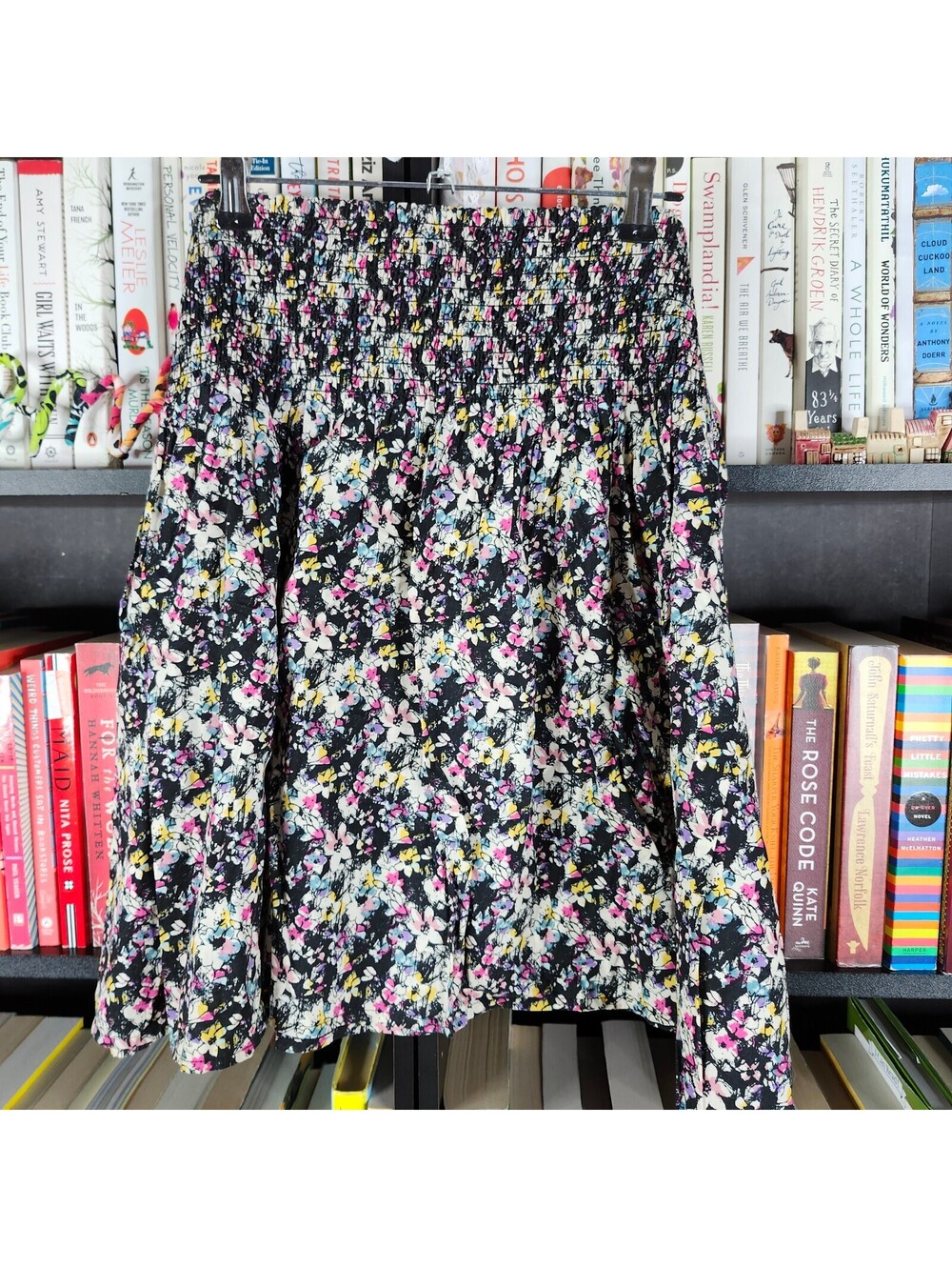 H&M Floral Smocked Mini Skirt Women's Medium Black Pink Yellow Pull On